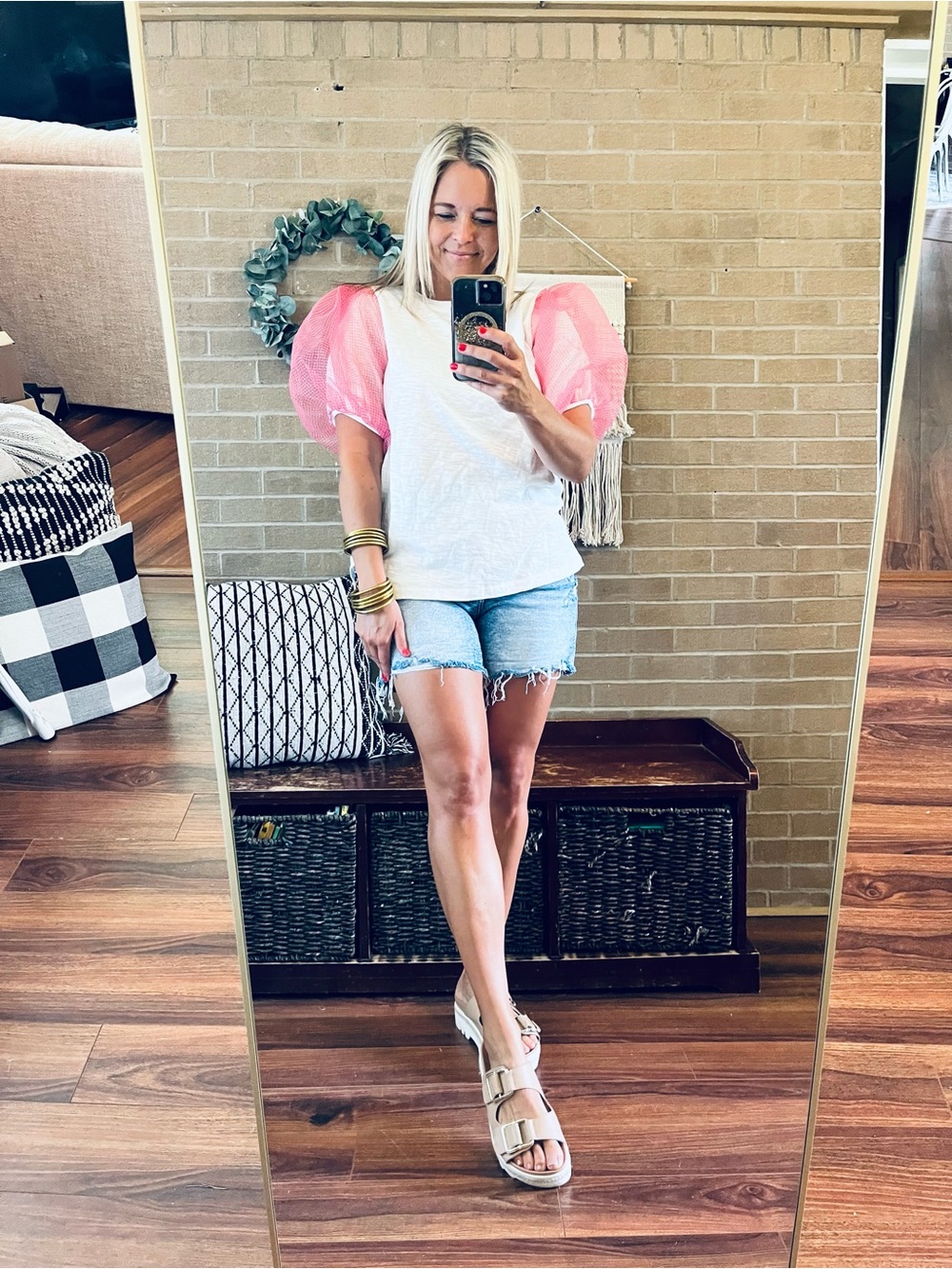 J.O.A. White Tee with Pink Puff Mesh Sleeves